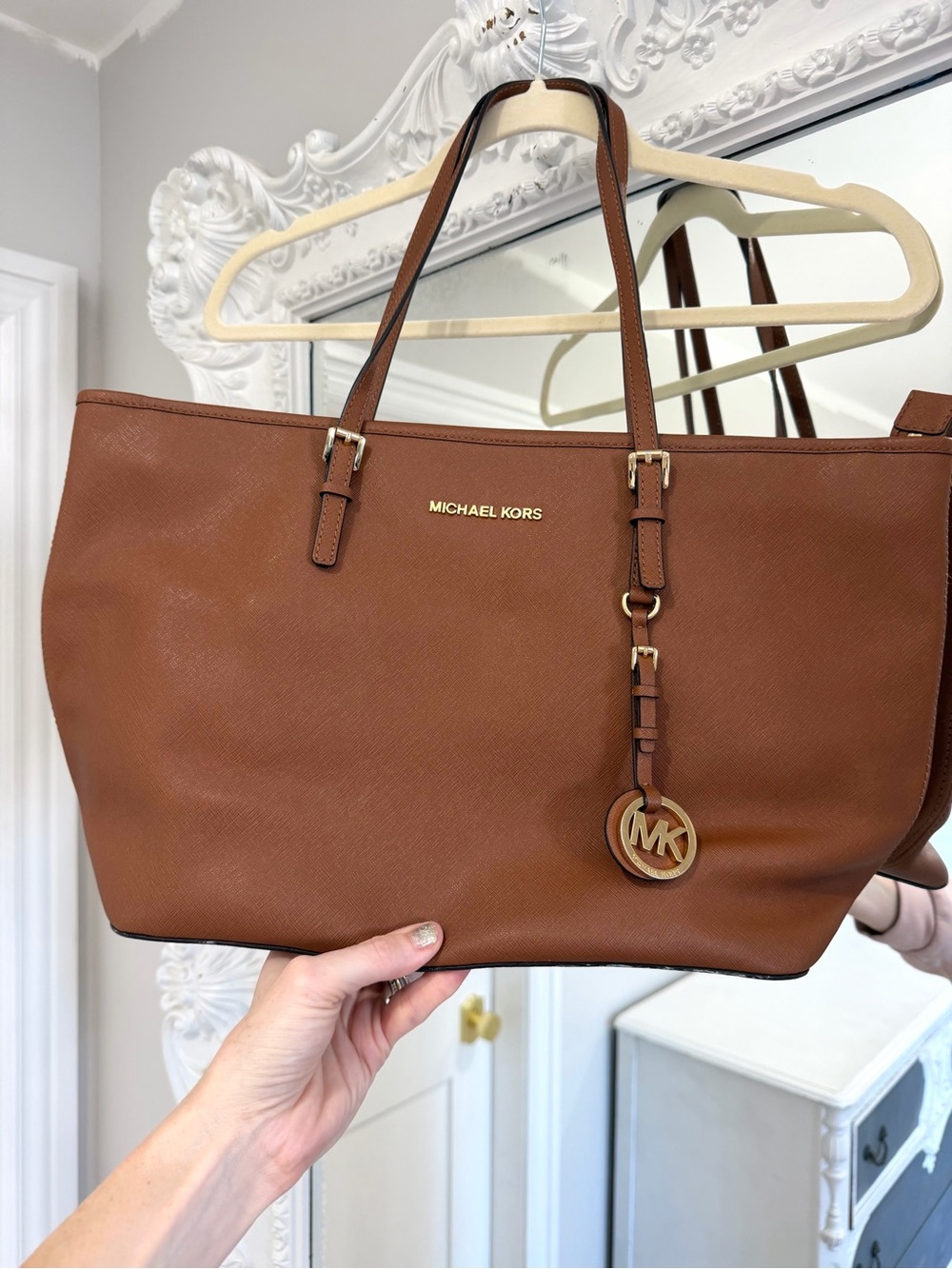 Michael Kors Jet Set Brown Leather Logo Travel Tote Handbag Bag